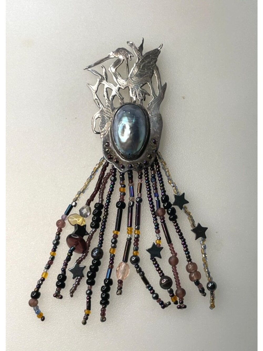VTG Artisan Crane Dangle Brooch Faux Blister Pearl Beaded Fringe Pin
